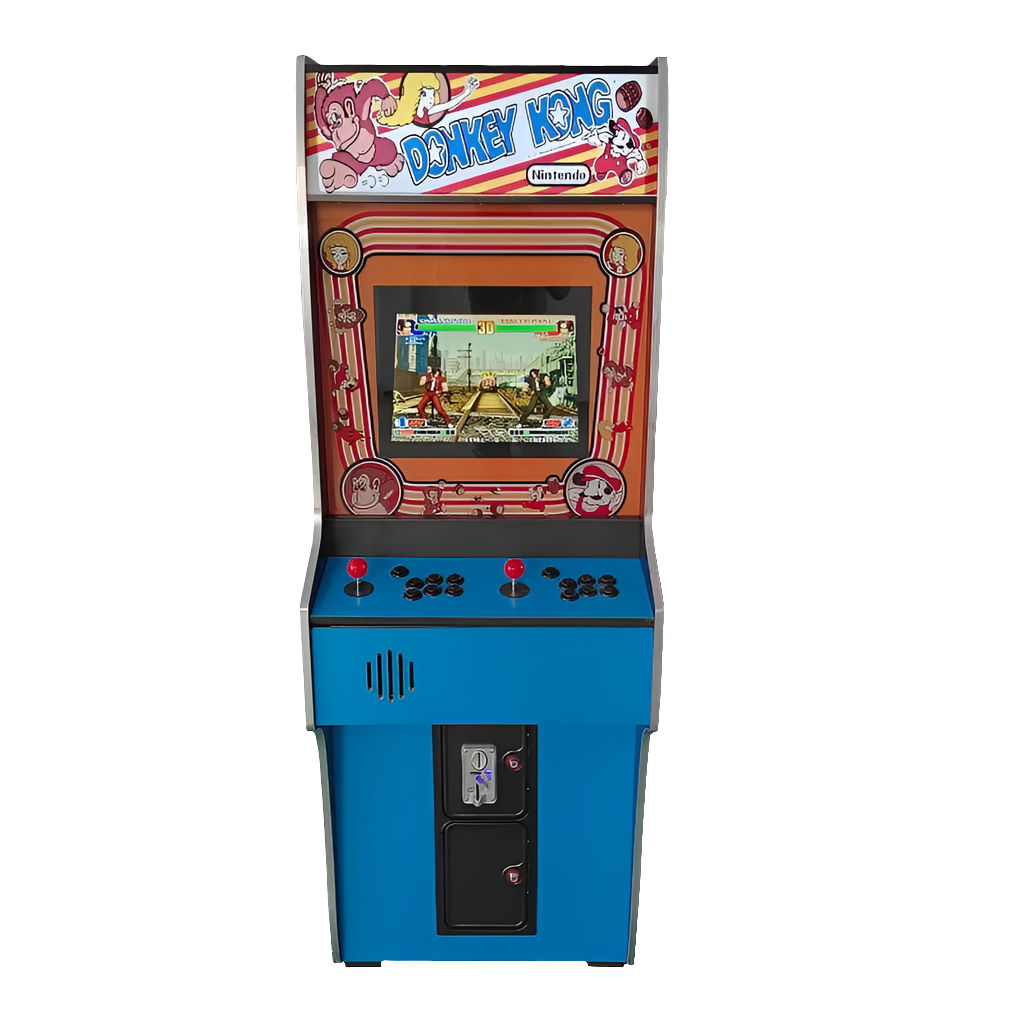 Front view of a Blue Donkey Kong 2 Player Arcade Machine featuring a donkey Kong theme. The machine also includes side artwork of the Donkey Kong Gorilla, a marquee that says Donkey Kong, 2 red joysticks, and black buttons.