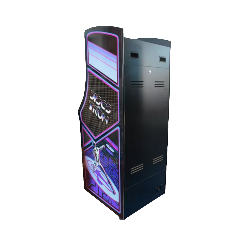 Back angled side view of Blue and Black 2 Player Arcade Machine that says Disc of Tron on the side. The Machine features 2 red joysticks, blue buttons, and white buttons.
