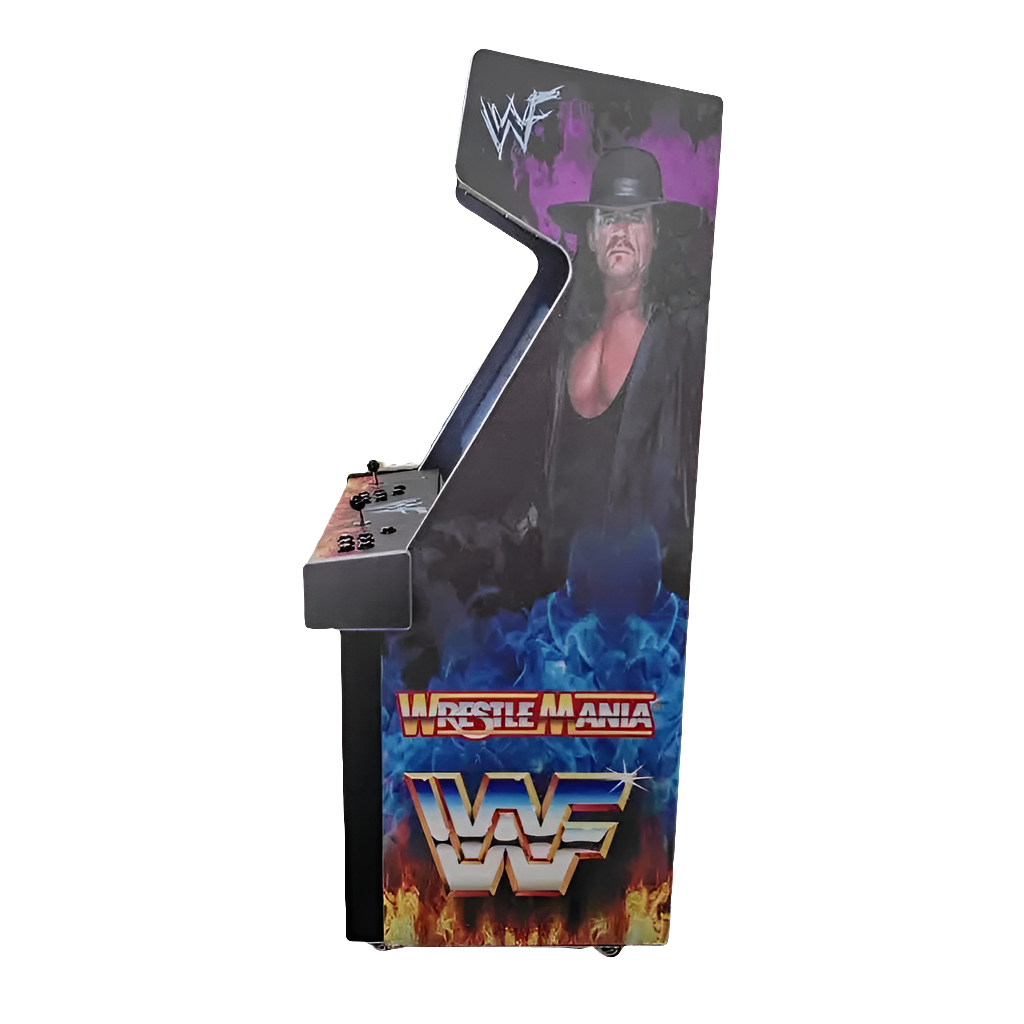 Side view showing a WWE Wrestle Mania 2 Player Arcade Machine themed WWE. The cabinet features a wrestler on the side of the cabinet, a marquee that says "Wrestle Mania", 2 black joysticks, and black buttons.
