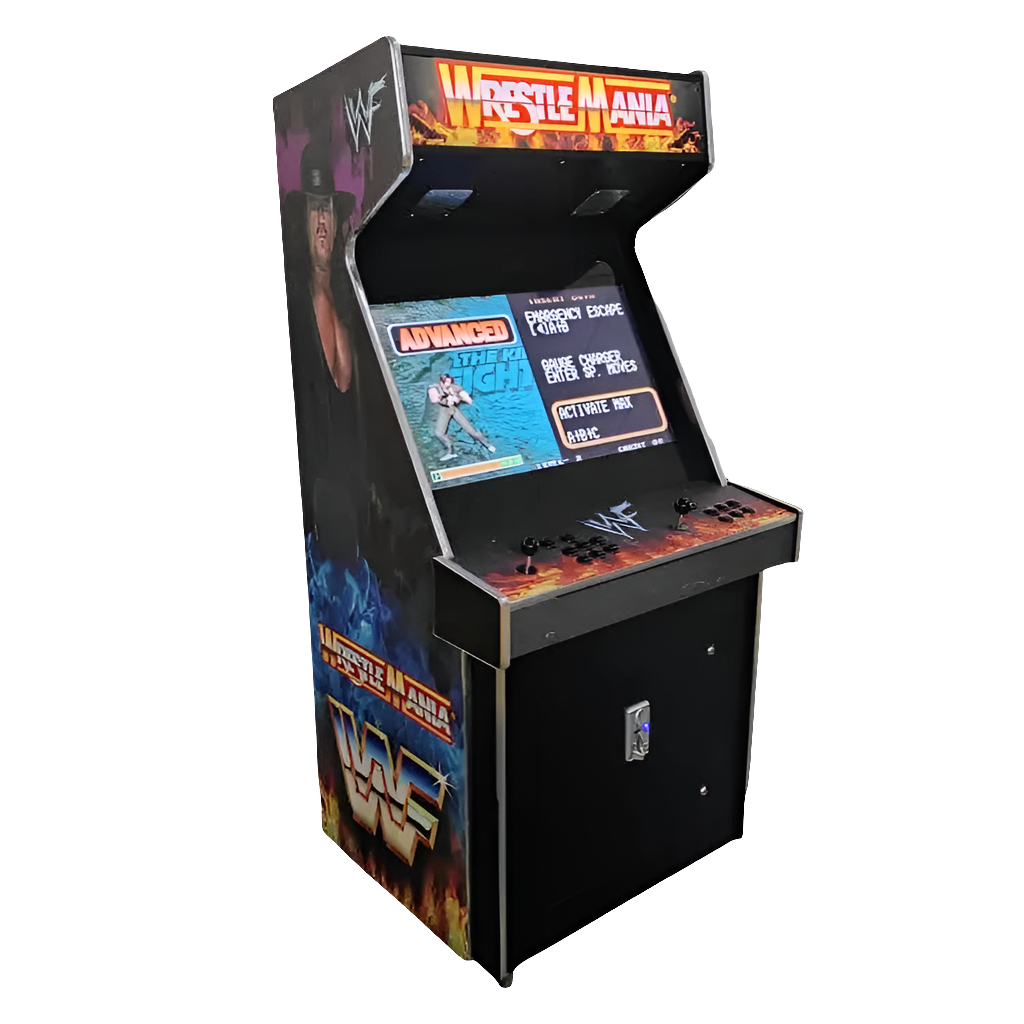 Front angled side view displaying a WWE Wrestle Mania 2 Player Arcade Machine themed WWE. The cabinet features a wrestler on the side of the cabinet, a marquee that says "Wrestle Mania", 2 black joysticks, and black buttons.