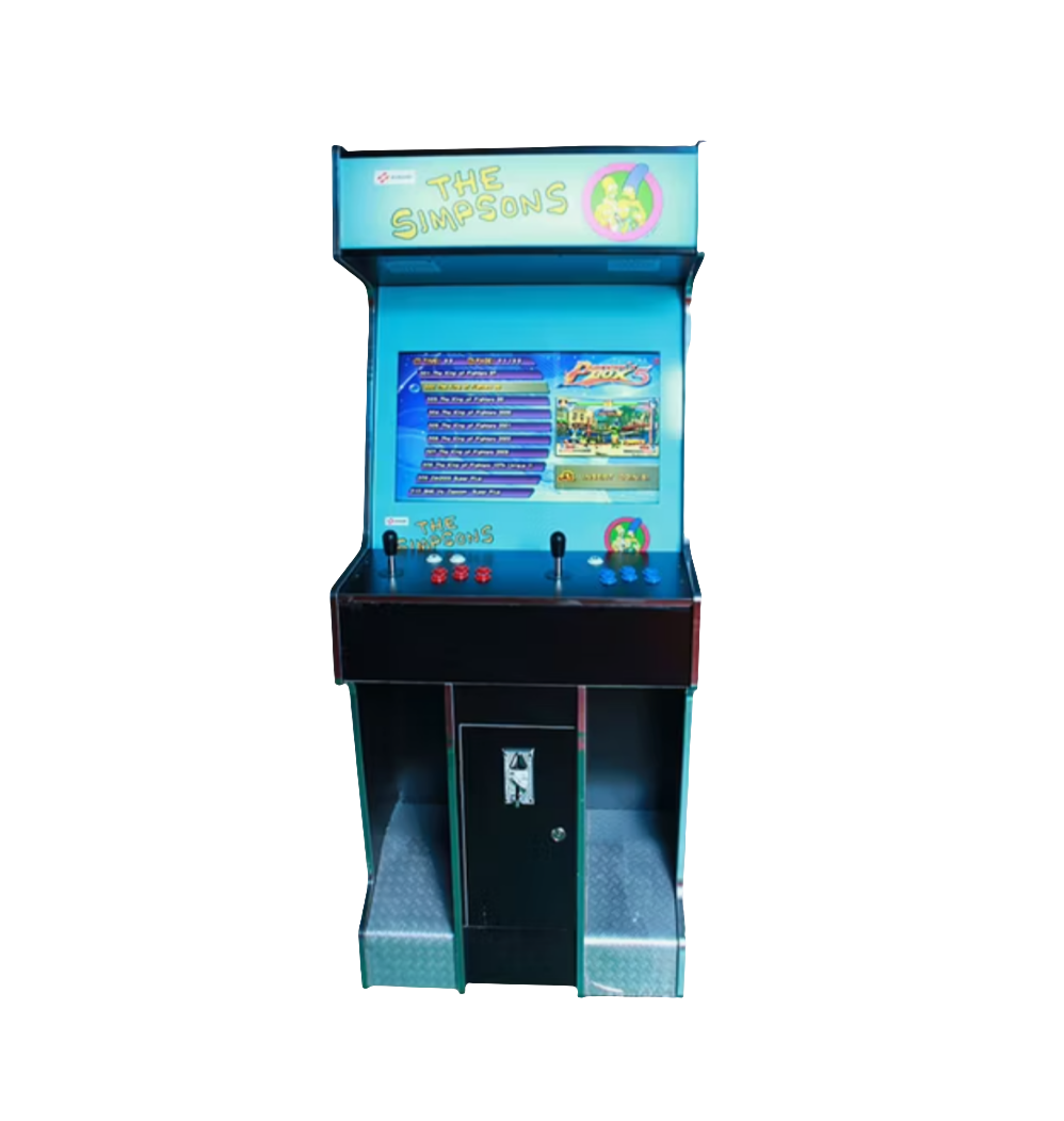 Front view of Simpsons 2 player arcade machine featuring a light blue color, the Simpsons characters on the side of the cabinet, 2 red joysticks, red buttons, and blue buttons.