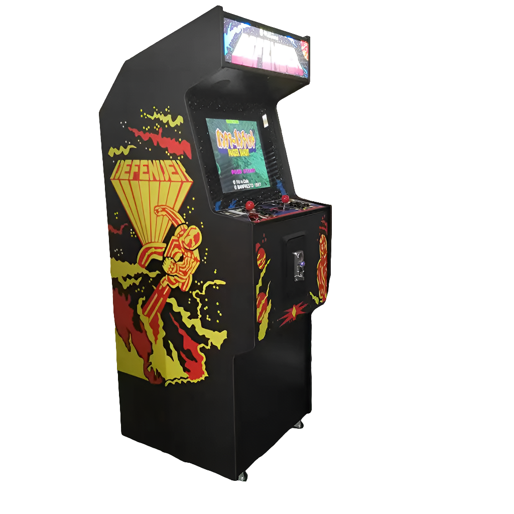 Defenders themed 2 Player Arcade Machine that features defenders artwork. It also features 2 red joysticks, black buttons, and a marquee that says "Defender" in yellow text.