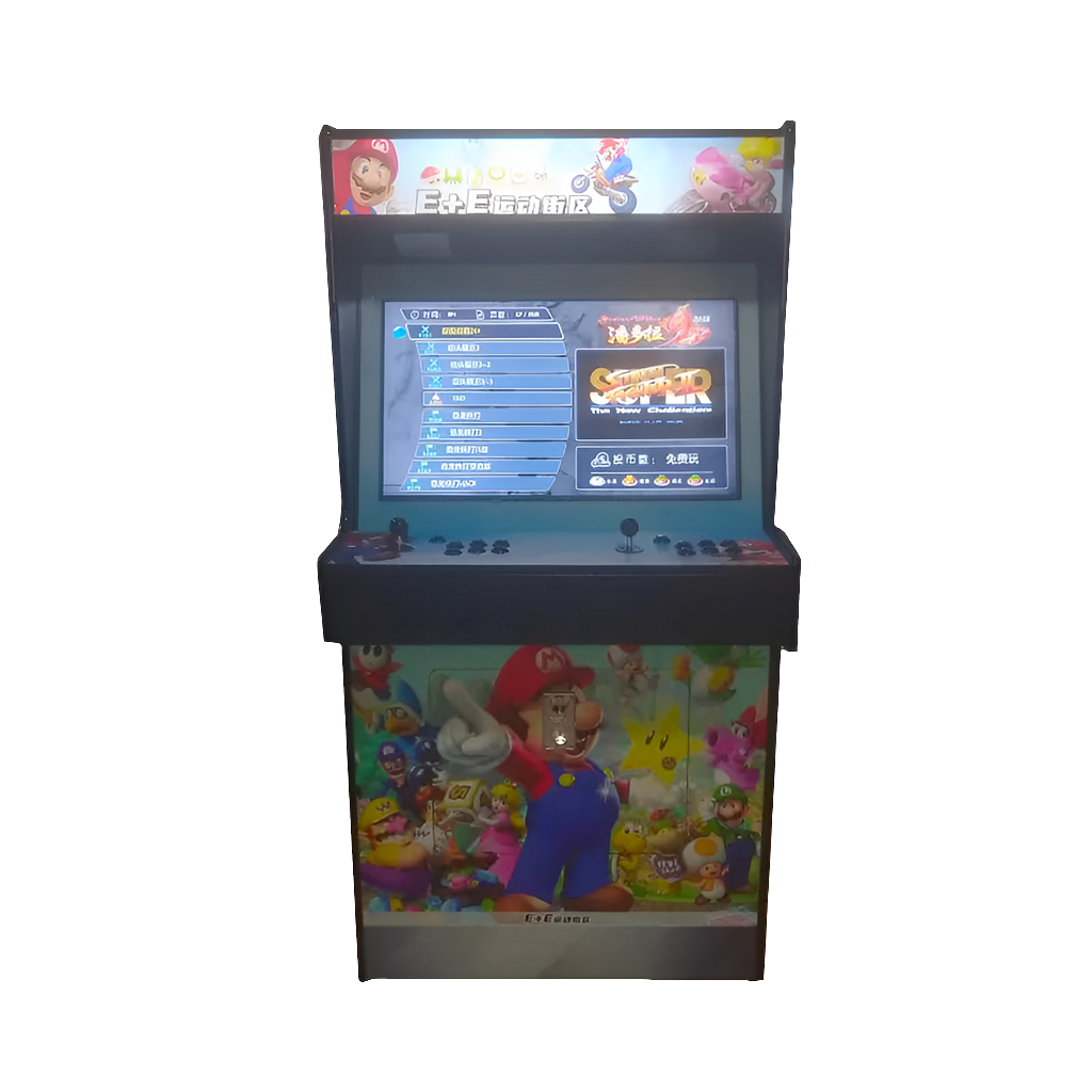 Front view of a Mario Bros Characters Themed 2 Player Arcade Machine that features artwork of Mario Bros Characters throughout the machine. The machine also offers 2 red joysticks, black buttons, and an optional coin slot.