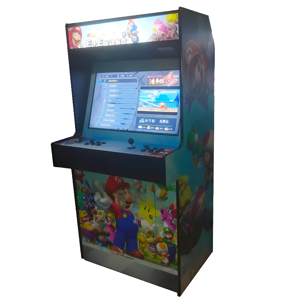 Mario Bros Characters Themed 2 Player Arcade Machine that features artwork of Mario Bros Characters throughout the machine. The machine also offers 2 red joysticks, black buttons, and an optional coin slot.