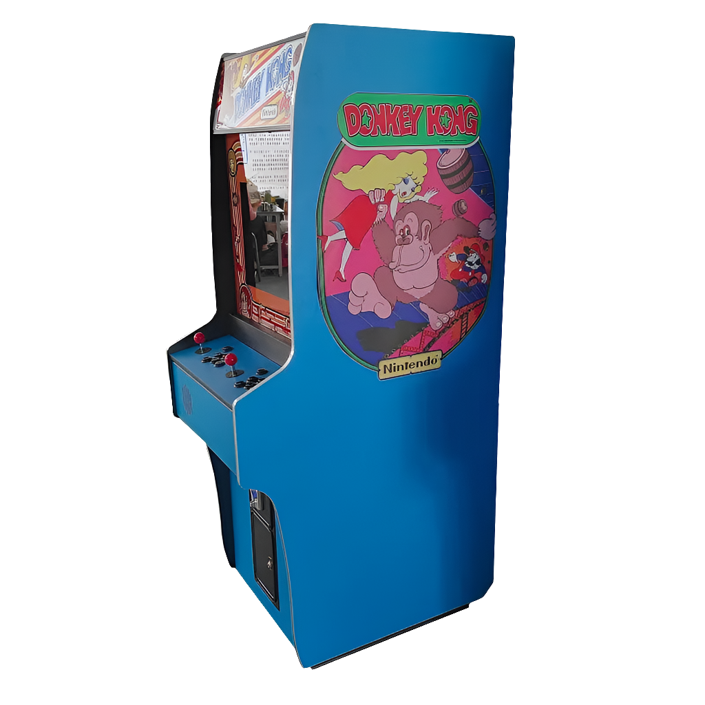 Side view of a Blue Donkey Kong 2 Player Arcade Machine featuring a donkey Kong theme. The machine also includes side artwork of the Donkey Kong Gorilla, a marquee that says Donkey Kong, 2 red joysticks, and black buttons.
