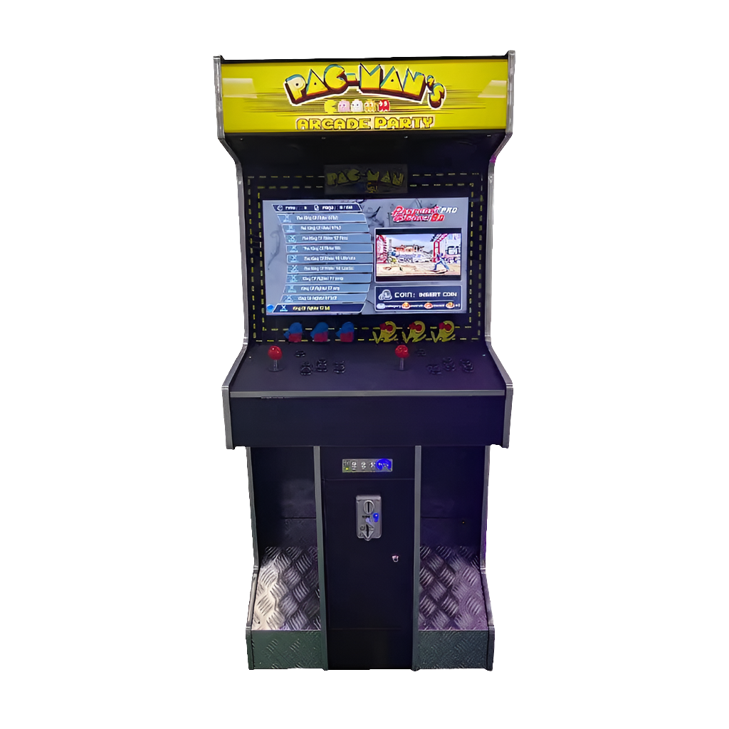 Front view of a Pac Man themed 2 Player Arcade Cabinet featuring Pac Man and a ghost on the side of the cabinet over a yellow background, a marquee that says "Pac Man", 2 red joysticks, black buttons, and a foot rest.