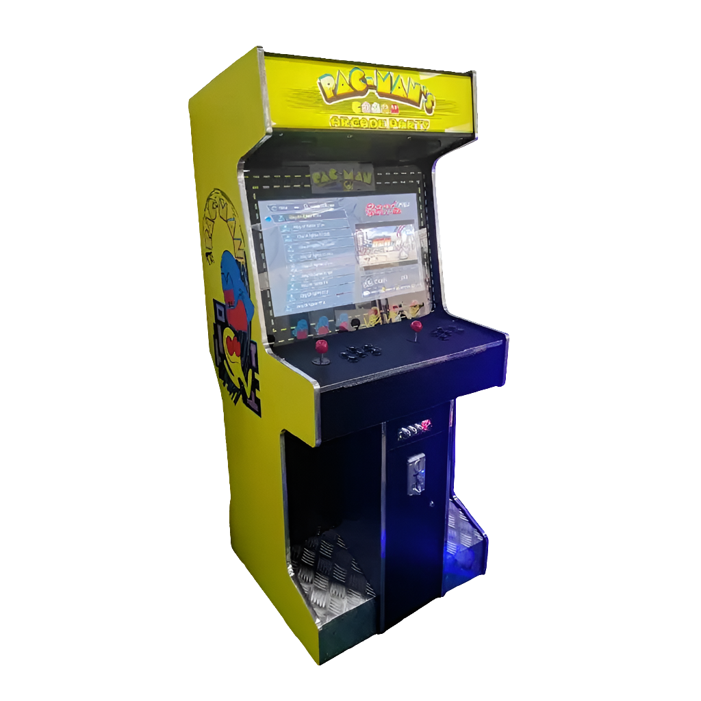 Side view of a Pac Man themed 2 Player Arcade Cabinet featuring Pac Man and a ghost on the side of the cabinet over a yellow background, a marquee that says "Pac Man", 2 red joysticks, black buttons, and a foot rest.