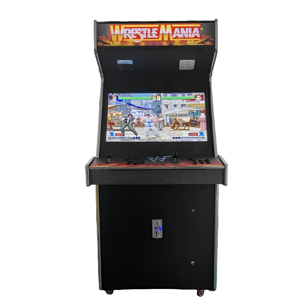 Front view of a WWE Wrestle Mania 2 Player Arcade Machine themed WWE. The cabinet features a wrestler on the side of the cabinet, a marquee that says "Wrestle Mania", 2 black joysticks, and black buttons.