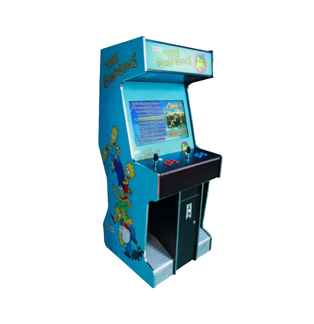 Side angled front view of Simpsons 2 player arcade machine featuring a light blue color, the Simpsons characters on the side of the cabinet, 2 red joysticks, red buttons, and blue buttons.