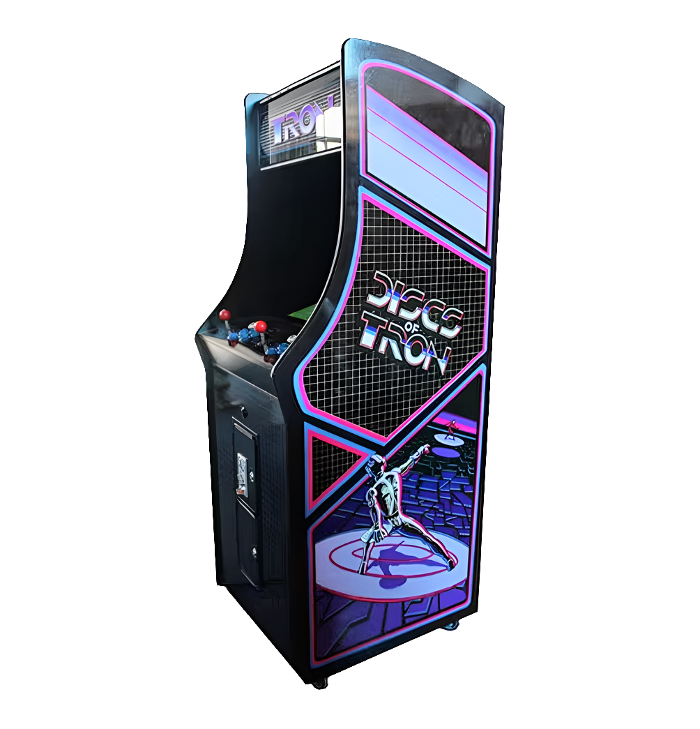 Blue and Black 2 Player Arcade Machine that says Disc of Tron on the side. The Machine features 2 red joysticks, blue buttons, and white buttons.