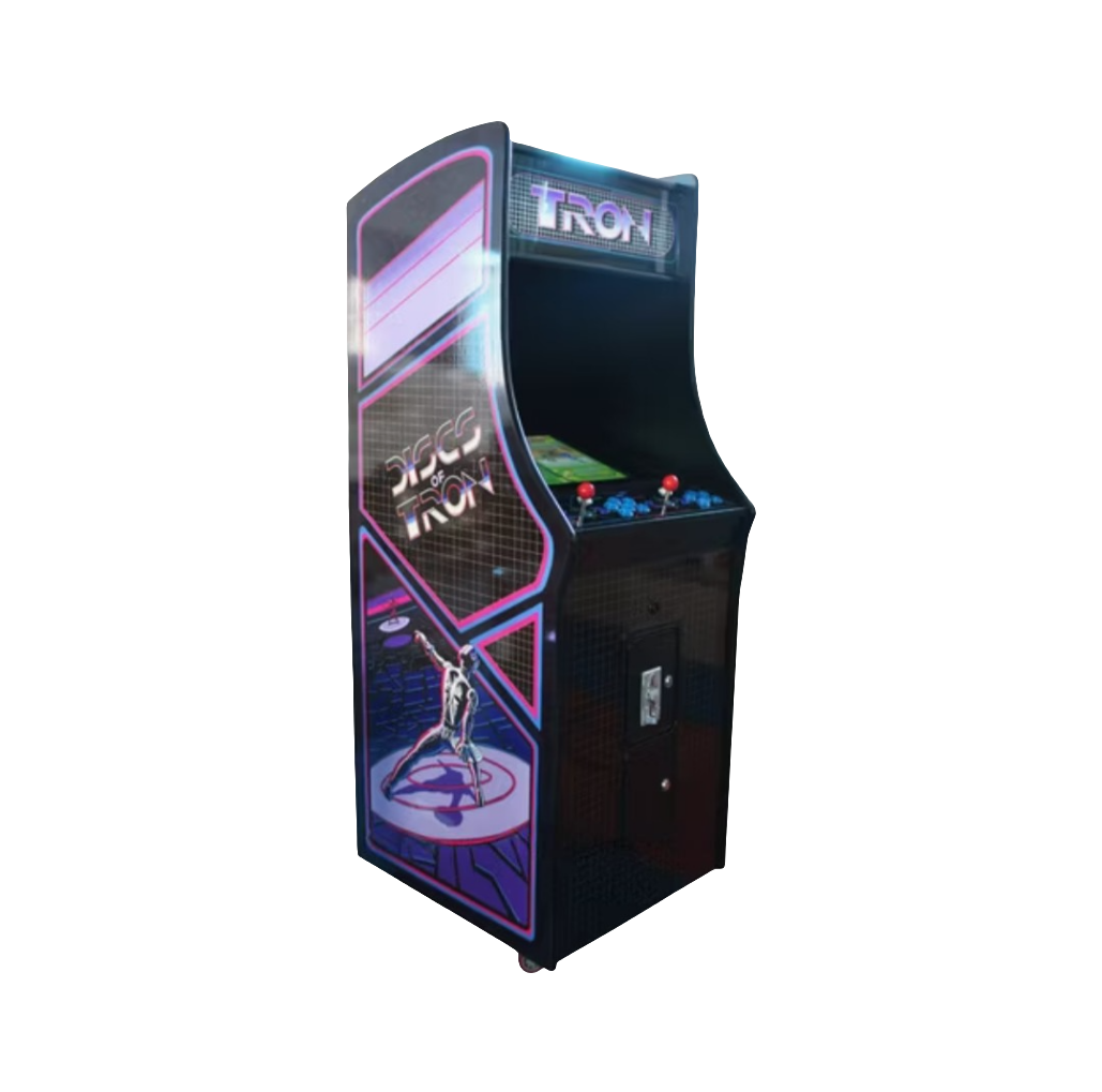 Side angled front view of a Blue and Black 2 Player Arcade Machine that says Disc of Tron on the side. The Machine features 2 red joysticks, blue buttons, and white buttons.
