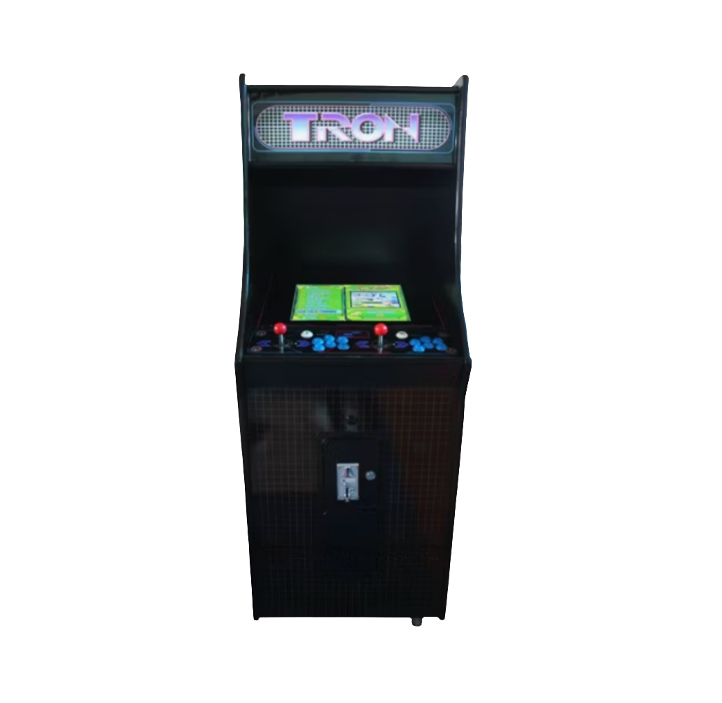 Front view of a Blue and Black 2 Player Arcade Machine that says Disc of Tron on the side. The Machine features 2 red joysticks, blue buttons, and white buttons.