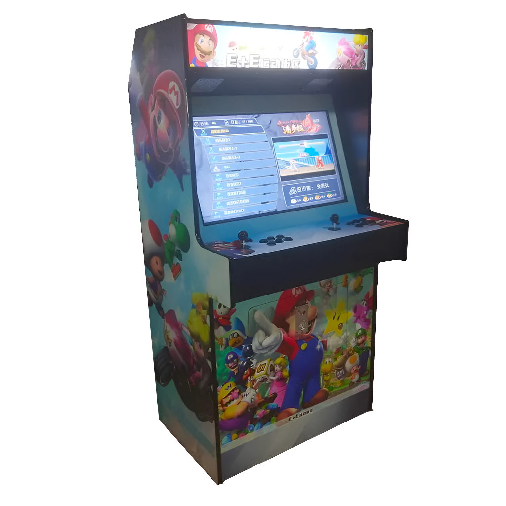 Side angled front view of a Mario Bros Characters Themed 2 Player Arcade Machine that features artwork of Mario Bros Characters throughout the machine. The machine also offers 2 red joysticks, black buttons, and an optional coin slot.