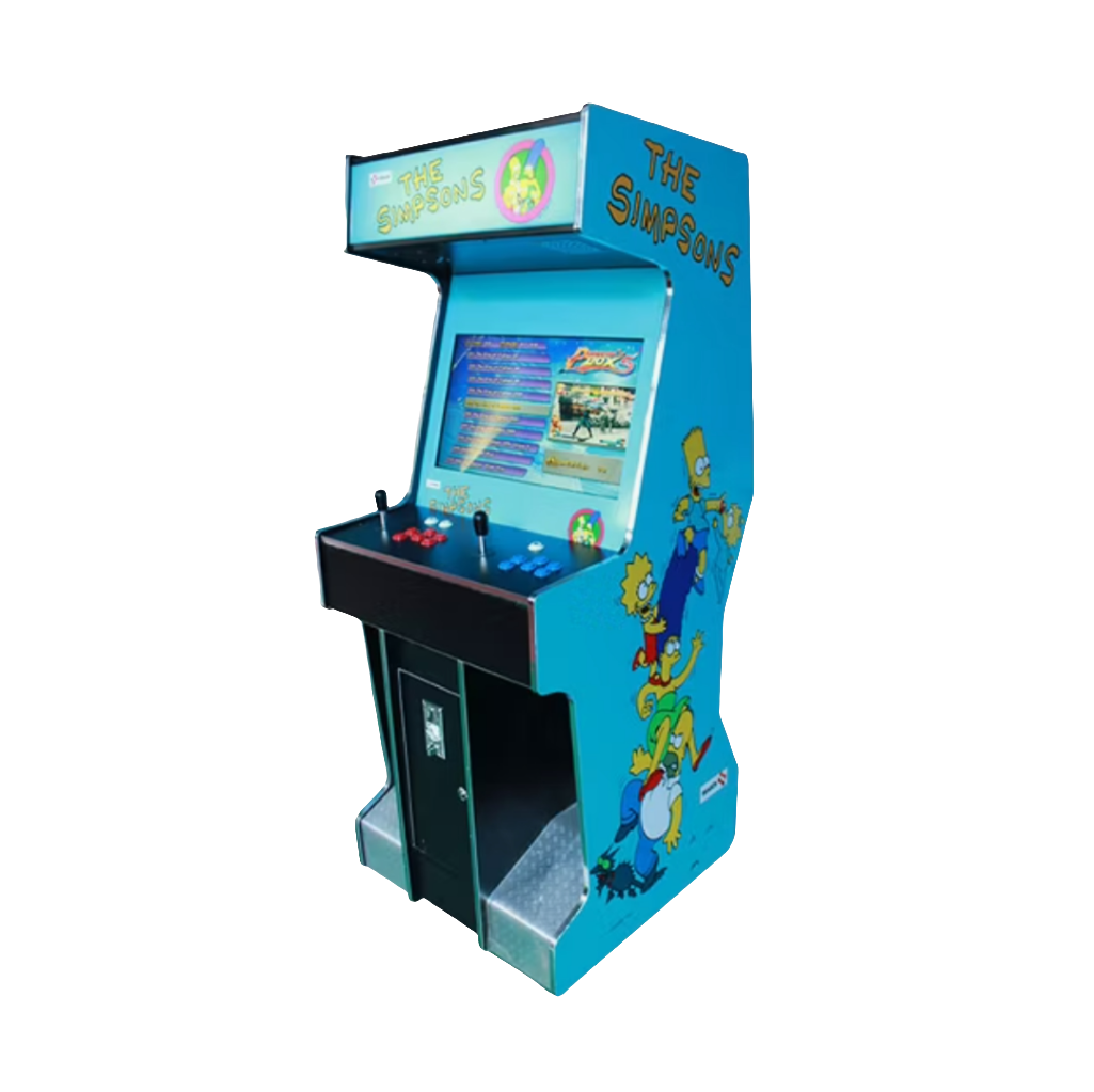 Simpsons 2 player arcade machine featuring a light blue color, the Simpsons characters on the side of the cabinet, 2 red joysticks, red buttons, and blue buttons.