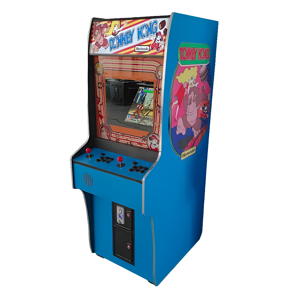 Blue Donkey Kong 2 Player Arcade Machine featuring a donkey Kong theme. The machine also includes side artwork of the Donkey Kong Gorilla, a marquee that says Donkey Kong, 2 red joysticks, and black buttons.