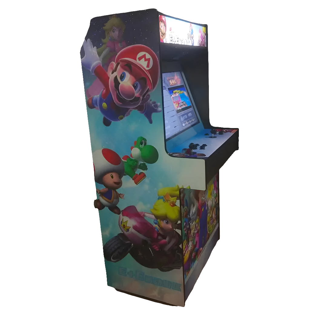 Side view of a Mario Bros Characters Themed 2 Player Arcade Machine that features artwork of Mario Bros Characters throughout the machine. The machine also offers 2 red joysticks, black buttons, and an optional coin slot.