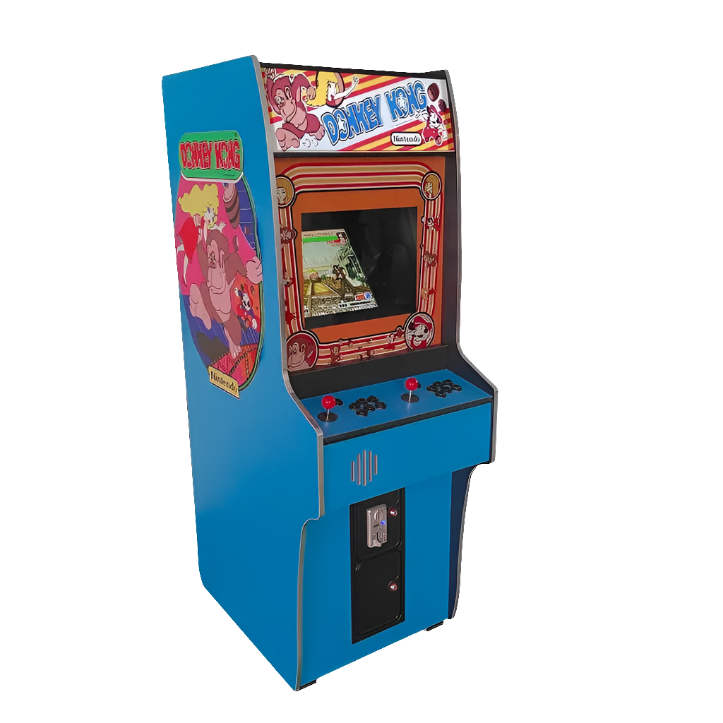 Side angled front view of a Blue Donkey Kong 2 Player Arcade Machine featuring a donkey Kong theme. The machine also includes side artwork of the Donkey Kong Gorilla, a marquee that says Donkey Kong, 2 red joysticks, and black buttons.