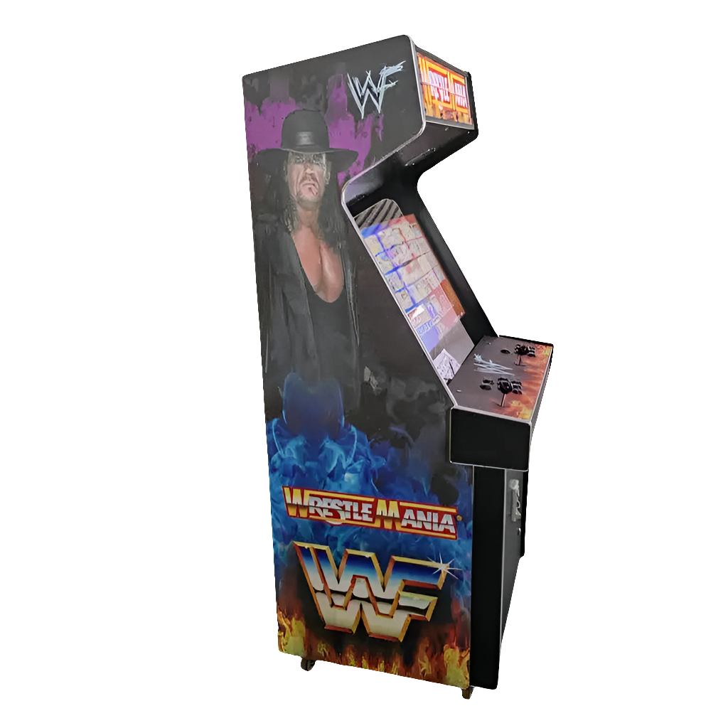 Other side view of a WWE Wrestle Mania 2 Player Arcade Machine themed WWE. The cabinet features a wrestler on the side of the cabinet, a marquee that says "Wrestle Mania", 2 black joysticks, and black buttons.