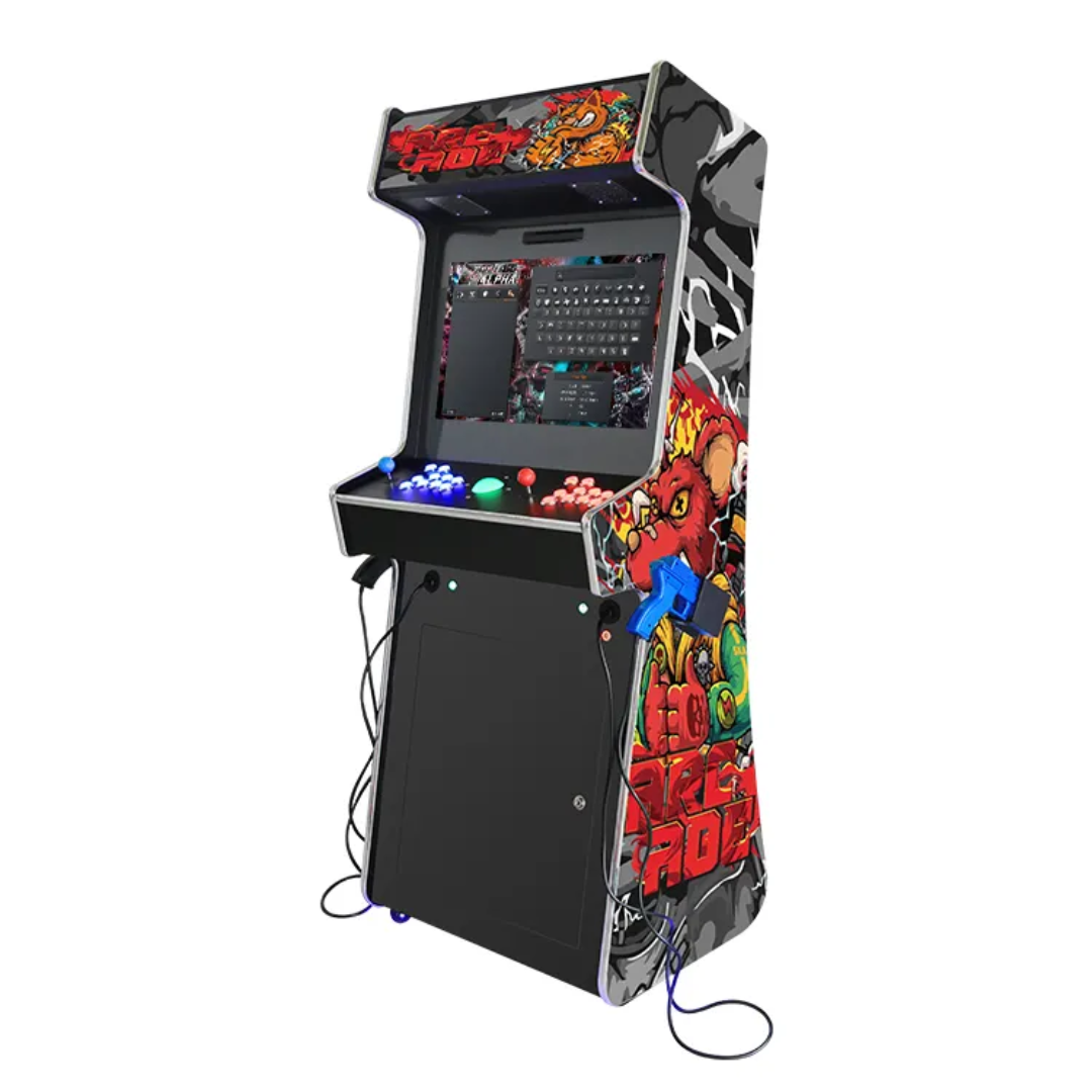 Red Fighters Themed 2 Player Arcade Machine that features 1 blue joystick, 1 red joysticks, LED trackball, Red LED buttons, Blue LED buttons, and 2 black fighter guns.