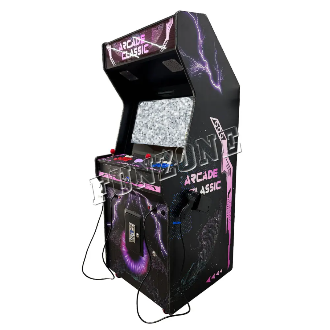 2 Player Arcade Machine that features a lightning bolt theme, 2 black fighter guns, 2 red joysticks, blue buttons, red buttons, and a marquee that says "arcade classic"