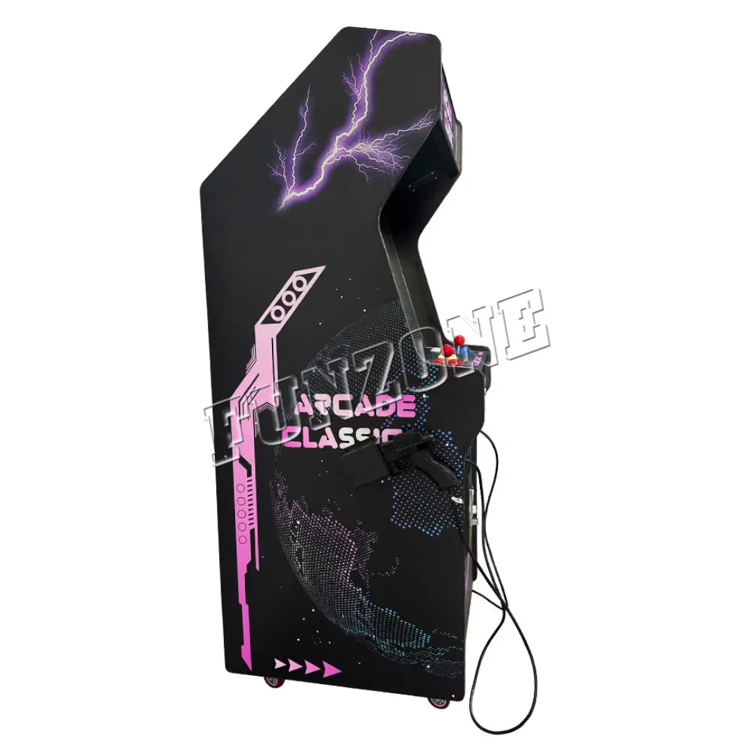 Other side view of 2 Player Arcade Machine that features a lightning bolt theme, 2 black fighter guns, 2 red joysticks, blue buttons, red buttons, and a marquee that says "arcade classic"