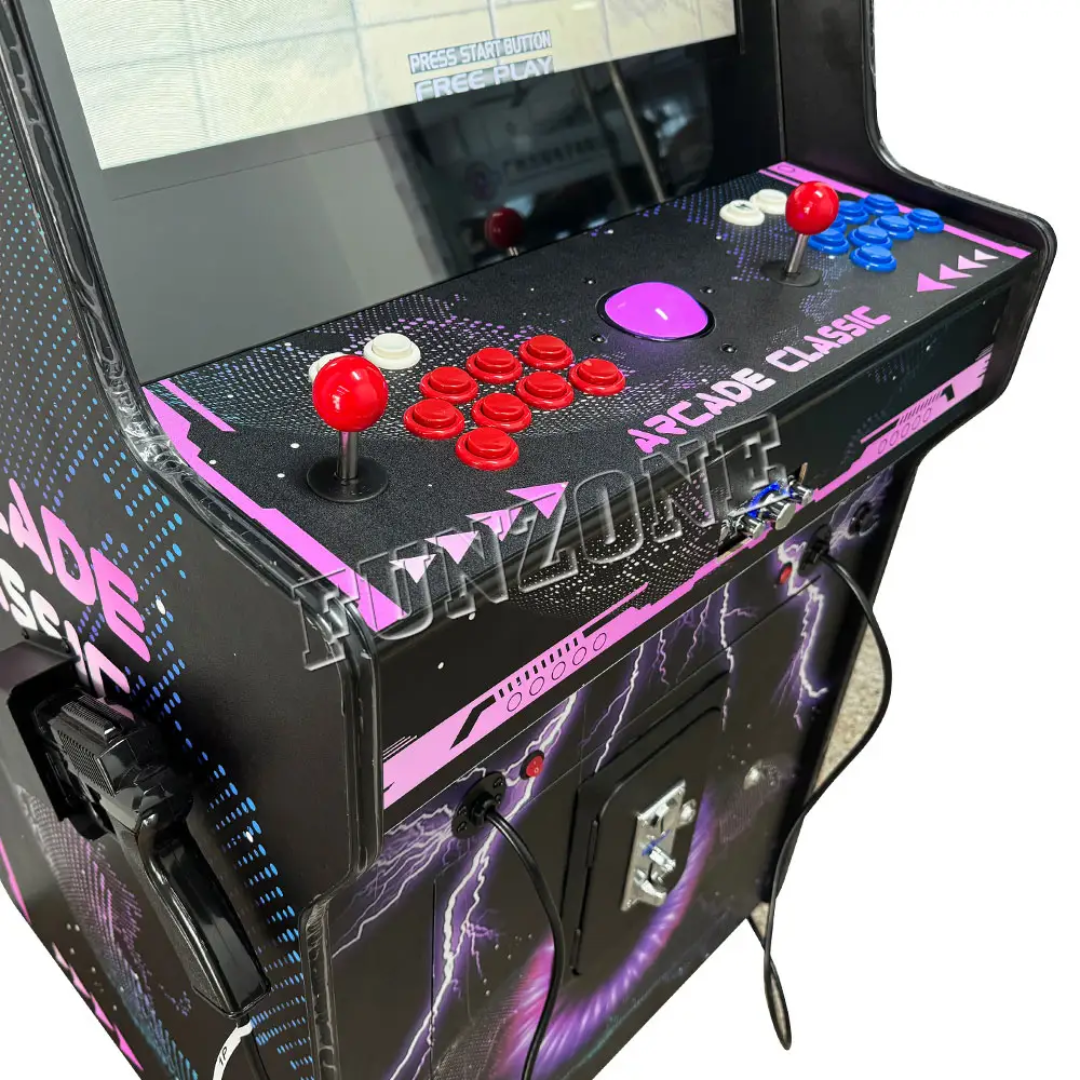 Close up view showing the control panel of a lightning themed 2 Player Arcade Machine. The control panel features 2 red joysticks, red buttons, blue buttons, and a LED Trackball.