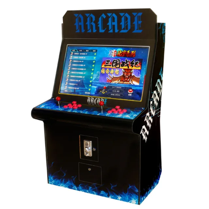 2 Player Arcade Cabinet featuring a black background with blue flame design, 32-inch display screen, dual control panels with red joysticks and buttons, coin slot, and blue ARCADE text at top, displaying classic gaming interface