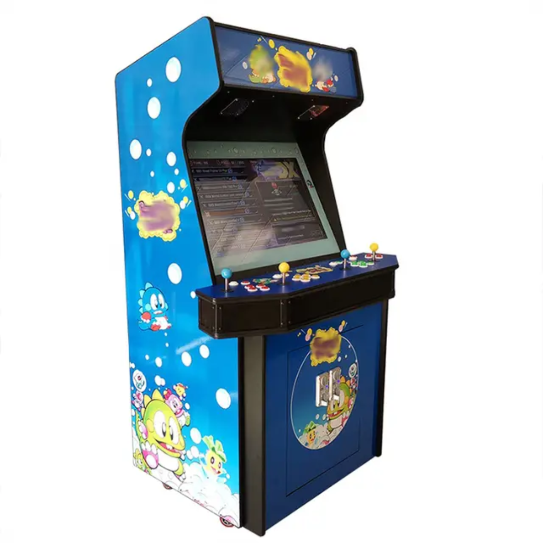 4 Player Arcade Cabinet featuring a large 32 inch screen, Blue bubble cartoon design, 4 colorful joysticks, and colorful buttons.