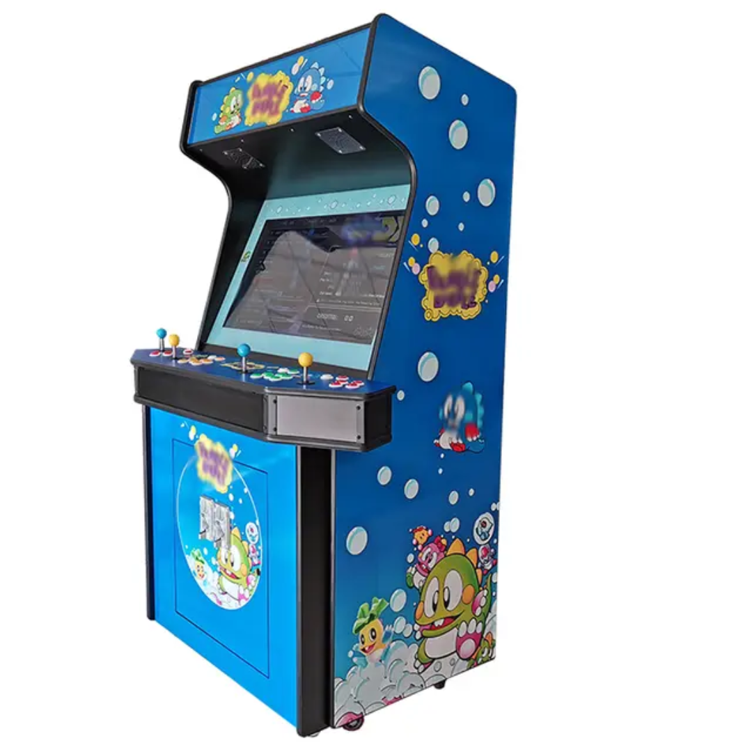 4 Player Arcade Cabinet featuring a large 32 inch screen, Blue bubble cartoon design, 4 colorful joysticks, and colorful buttons.