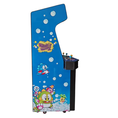 Side view of 4 Player Arcade Cabinet featuring a large 32 inch screen, Blue bubble cartoon design, 4 colorful joysticks, and colorful buttons.