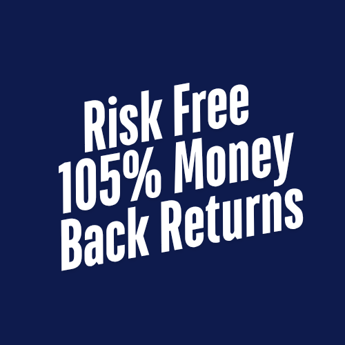 White diagonal text on navy blue background reading "Risk Free 105% Money Back Returns" for the Tall 2 Player Home Arcade Cabinet, emphasizing the product's guarantee policy in bold typography.