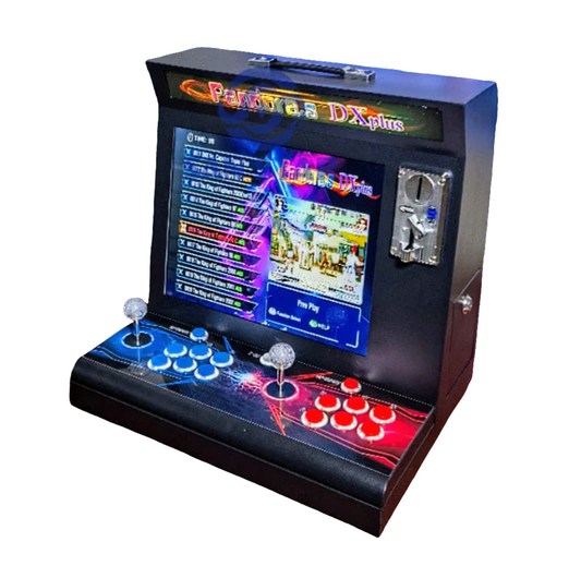 2 Player Tabletop Arcade Cabinet featuring blue and red buttons, coin slot, and carrying handle.