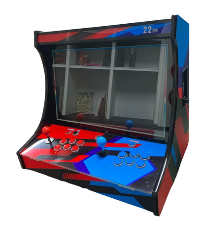 2 Player Tabletop Arcade Cabinet featuring a red and blue design, blue joystick, blue buttons, red joystick, and red buttons on a 22 inch screen.