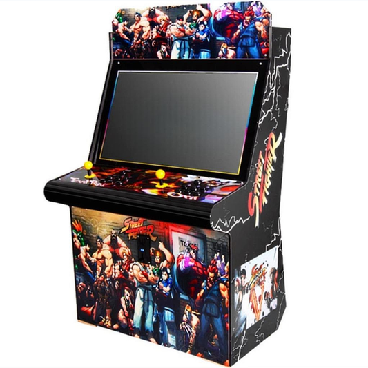 2 Player Arcade Cabinet featuring vibrant fighting game artwork, 32-inch screen, classic arcade controls with yellow buttons, black cabinet design with dynamic character graphics, and Street Fighter-themed side panel illustrations.