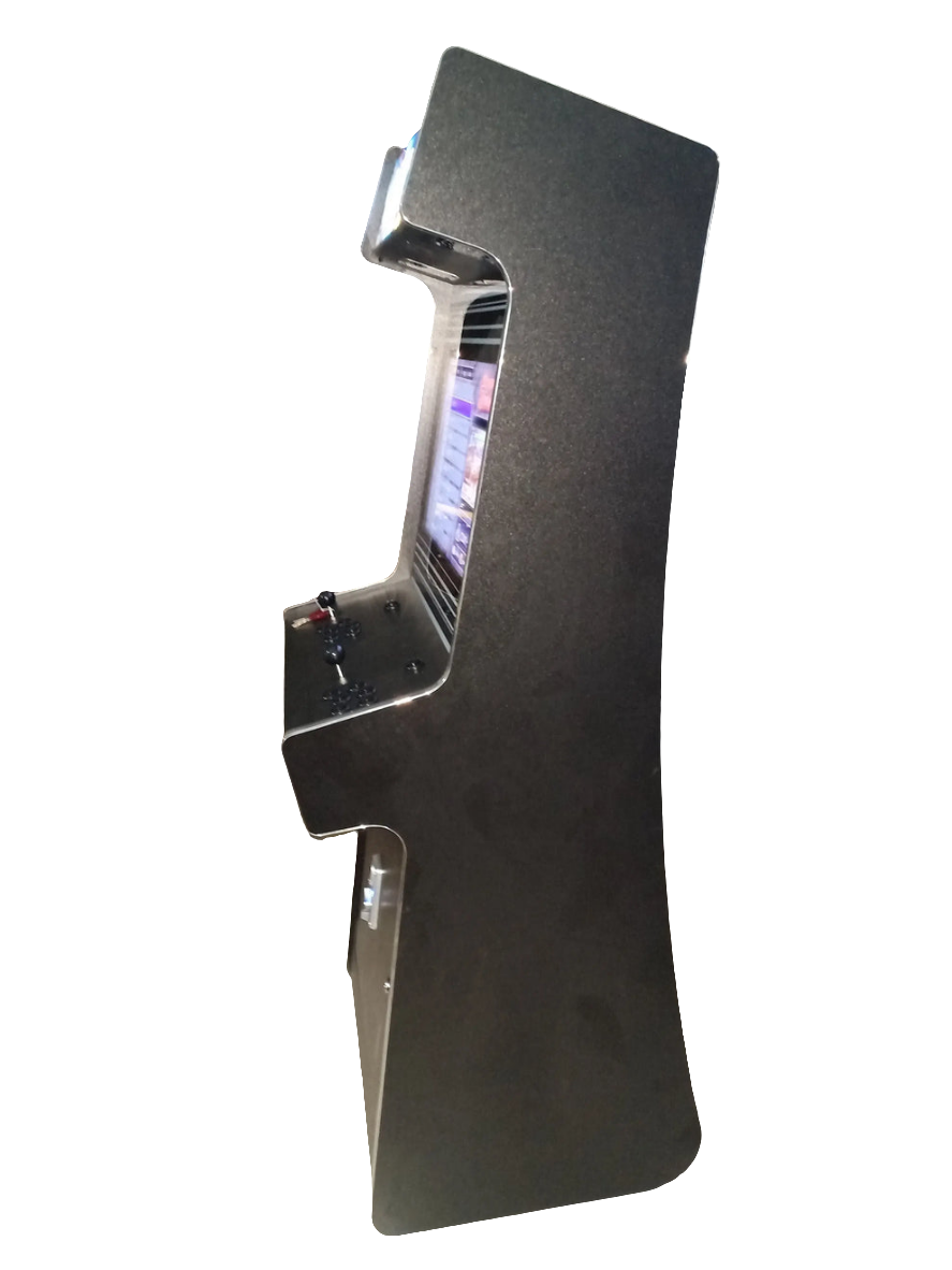 Side view of a Black 2 Player Arcade Cabinet featuring, a colorful marquee with the text "Arcade" on top of a vibrant multicolor background. The cabinet also has an optional coin slot, 2 black joysticks, and black buttons