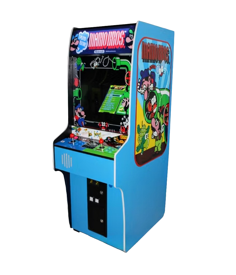 Mario Bros themed 2 Player Arcade Machine that has Mario Bros artwork over a light blue background. The cabinet also has 2 red joysticks, green buttons, blue buttons, and a marquee that says Mario Bros in red text.