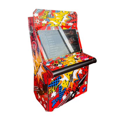 Comic design 2 Player Arcade Cabinet with a 32 inch screen featuring red, yellow and navy comic book design. 2 red joysticks, yellow buttons, and red buttons. 