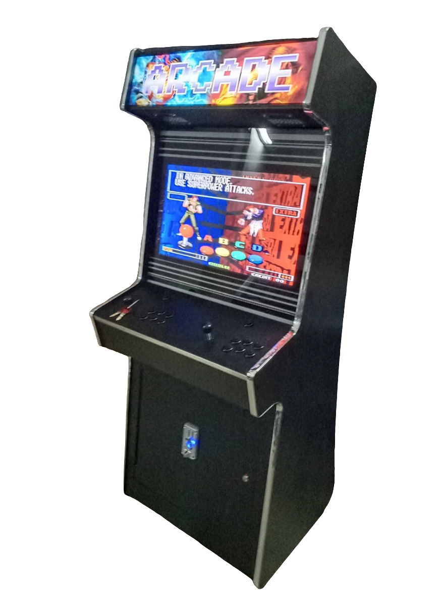 Black 2 Player Arcade Cabinet featuring, a colorful marquee with the text "Arcade" on top of a vibrant multicolor background. The cabinet also has an optional coin slot, 2 black joysticks, and black buttons