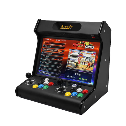 Black 2 Player Tabletop Arcade Cabinet that has a 19 inch screen, multi color buttons, black joysticks, black color cabinet, and a marquee that says arcade in gold letters. The photo background is white.