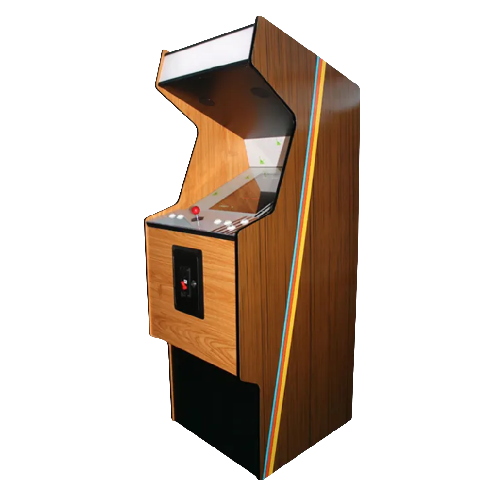 2 Player Wood Arcade Cabinet featuring a wood design with yellow and light blue pin stripping down the side of the cabinet, one red joystick, and white buttons.