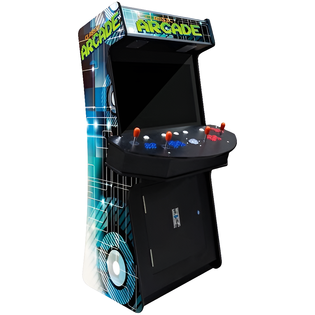 4 Player Arcade Cabinet that features a blue and black design, marquee that says "Classic Arcade" in yellow text, 4 red joysticks, blue buttons, red buttons, white buttons, LED trackball, and an optional coin slot.