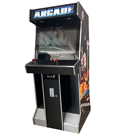 2 Player Arcade Cabinet featuring a space Ship design over a black background, the cabinet also has 2 red joysticks, black buttons, a foot rest, and a custom marquee that says"Arcade" in white letters.