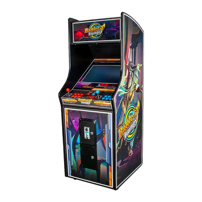 2 Player Arcade Cabinet featuring vibrant custom artwork, 32-inch screen, classic arcade controls, and coin slot option. Black cabinet with colorful neon-style graphics displays retro gaming design with illuminated marquee and dual player control panel.