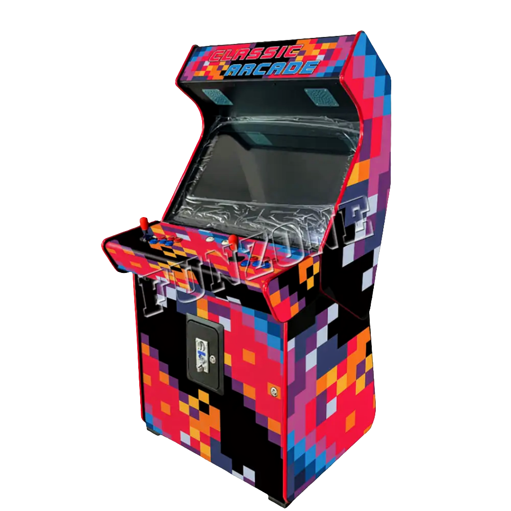 2 Player Arcade Cabinet that features a multicolor pixel design, 2 red joysticks, red buttons, blue buttons, and 2 white buttons. The cabinet says Classic Arcade on the marquee in blue and orange text. Don't forget about the optional coin slot the cabinet offers.