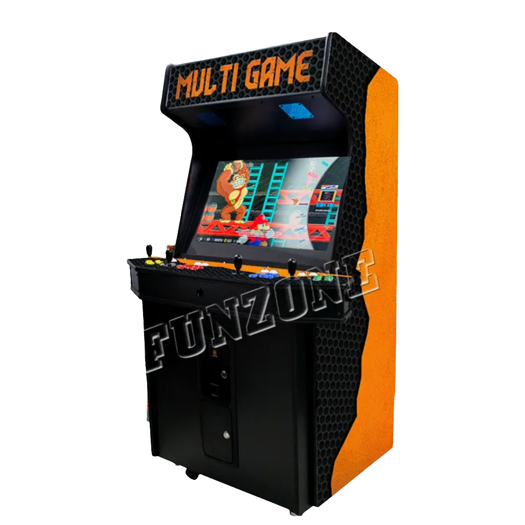 4 Player Arcade Cabinet that features Orange art design over black background, the marquee says Multi Game in orange text. The cabinet has 4 black joysticks, blue, yellow, and red buttons.