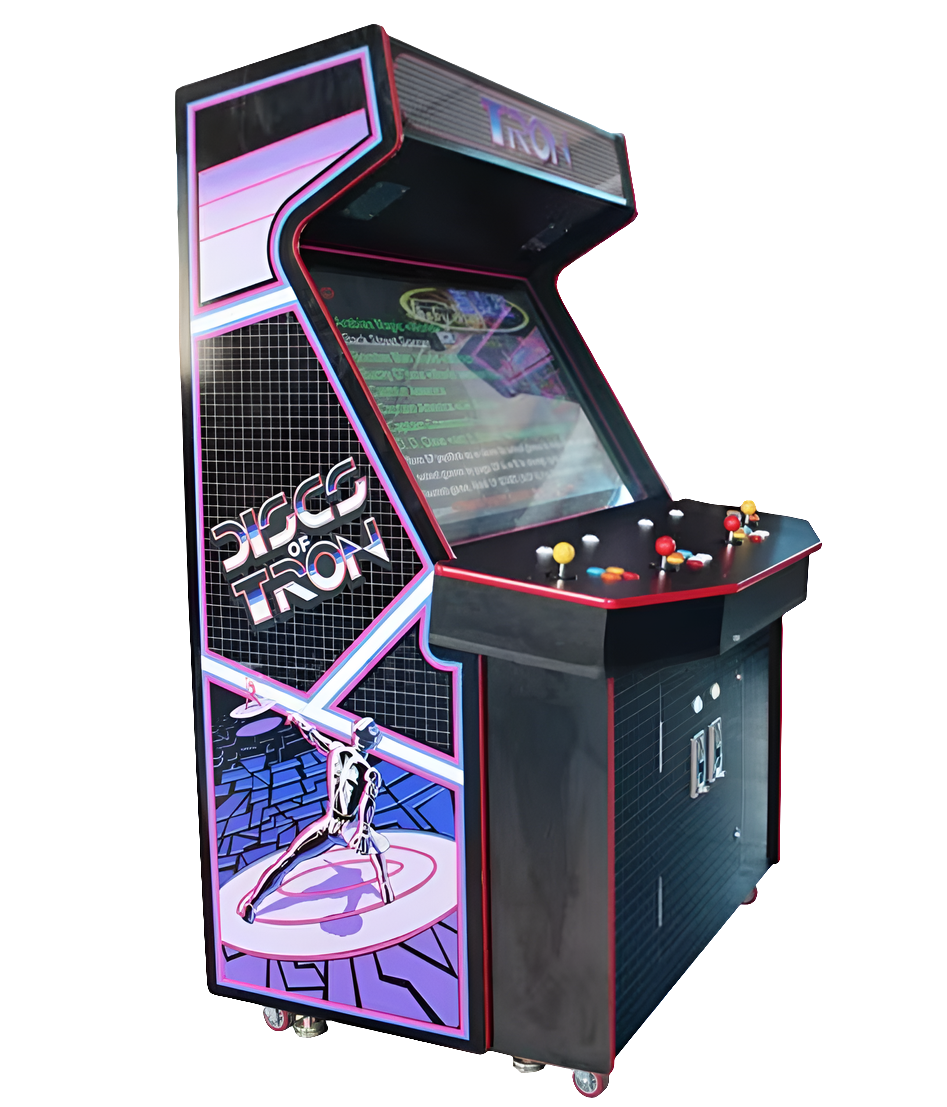 Side view of a Gigantic 4 Player Arcade Cabinet that has a large 42 inch screen, red edging, custom marquee that says "tron" in blue text, 2 red joysticks, 2 yellow joysticks, and multi color buttons.