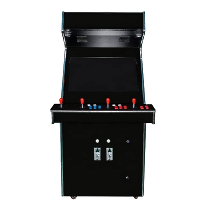 Front view of 4 Player Arcade Cabinet featuring a black color and chrome edging, 4 red Joy sticks, blue buttons, and red buttons.