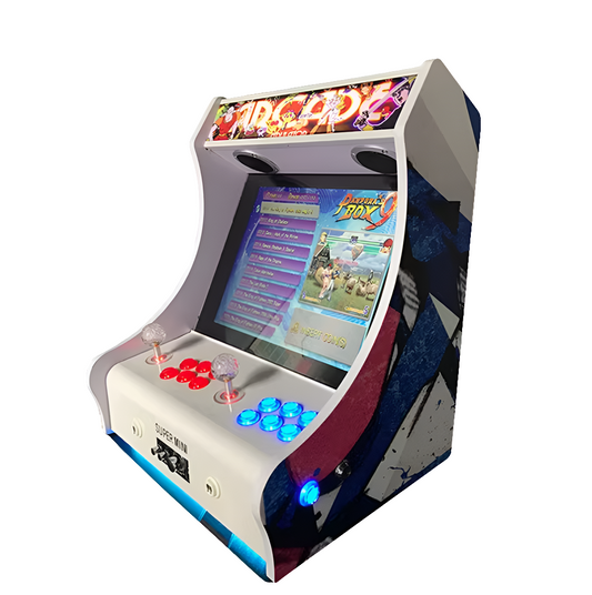 Bartop 2 Player arcade cabinet featuring a white and graphic multicolor design, marquee that says "Arcade" white joysticks, and blue and red led buttons