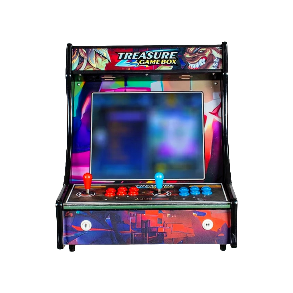 Front view of graphic comic design of 2 Player Tabletop Arcade Cabinet. The cabinet features blue buttons and a blue joystick. It also features a red joystick and red buttons. 