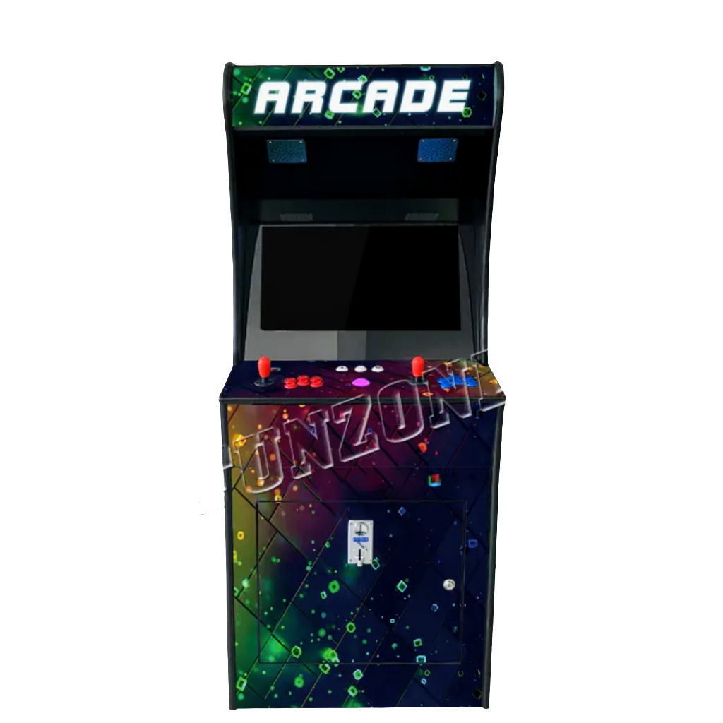 Front view of 2 Player Arcade cabinet with future like space green design over dark navy blue background. The arcade cabinet includes 2 black joysticks, blue and red buttons, a light colored trackball and a marquee that says Arcade in white text.